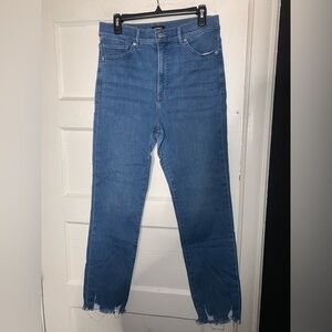 Express blue wash raw hem‎ super high rise slim jeans size 12 long